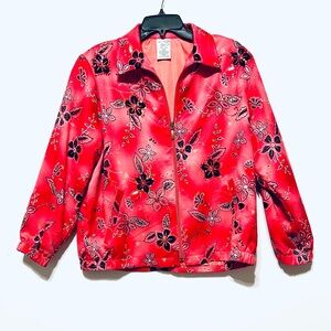 Allison Daley Red and Black Bomber Jacket with Floral Print